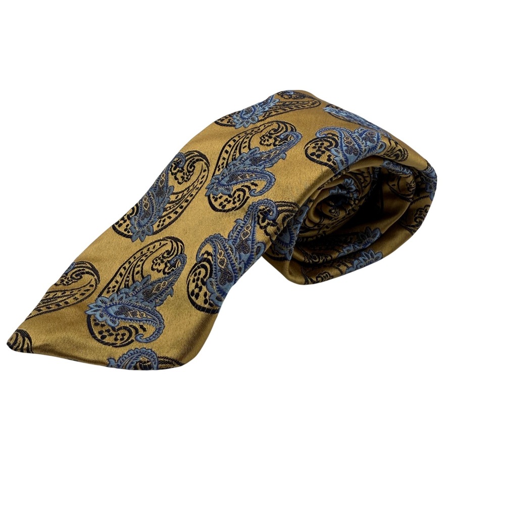 XMI Platinum Men's Silk Paisley‎ Tie Gold Blue Hand Made USA